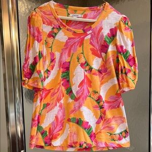 Chico's Colorful Floral Short Sleeve Top - Pink, Orange, Green